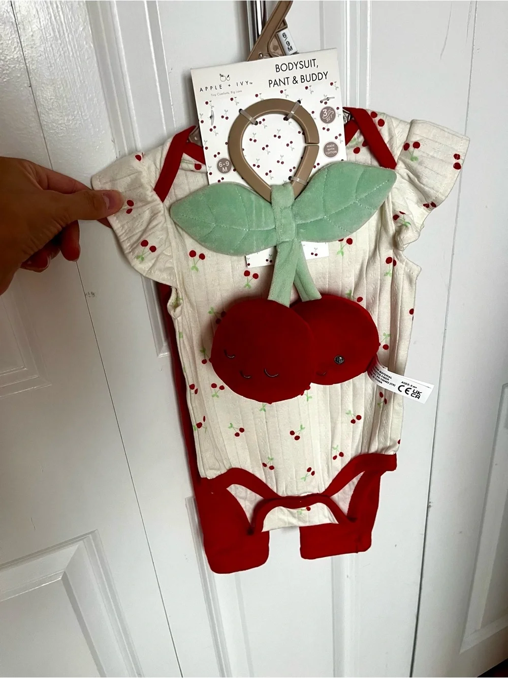 Red & Cream Cherry Print Baby Bodysuit with Plush Buddy